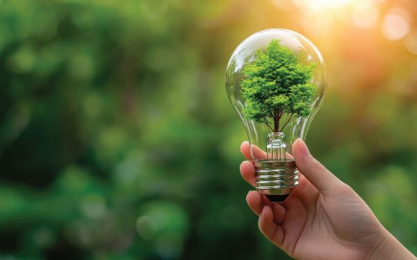 Hand holding a Lightbulb with a tree inside 